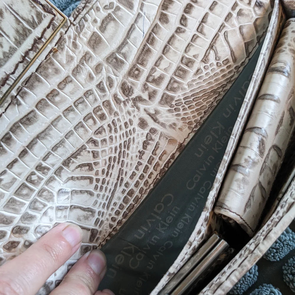 Calvin Klein Cream Croc-Embossed Leather Clutch